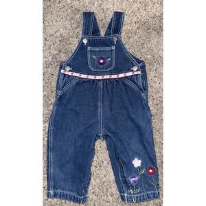 Vintage medium wash jean butterfly floral ruffle‎ toddler overalls SIZE 12M